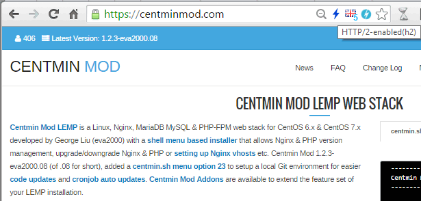 Chrome HTTP/2 indicator showing h2 protocol for centminmod.com