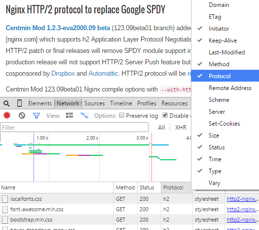 Chrome Developer Tools Network tab showing h2 protocol column for HTTP/2 requests