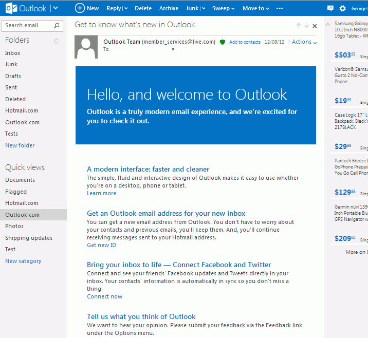 Outlook inbox view showing custom domain email