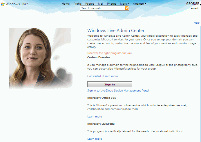 Windows Live Admin Center landing page showing Custom Domains section with Get Started link