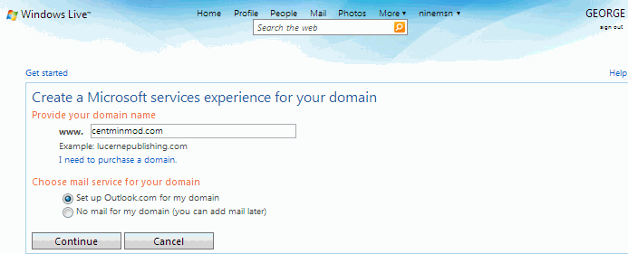 Domain entry form with text field for domain name and Outlook.com checkbox