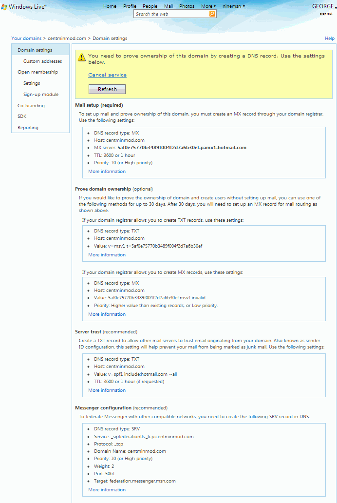 DNS setup instructions showing required MX, CNAME, and TXT records