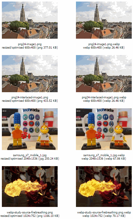 WebP comparison gallery showing side-by-side image quality comparison between optimised JPG/PNG and WebP versions, part 2